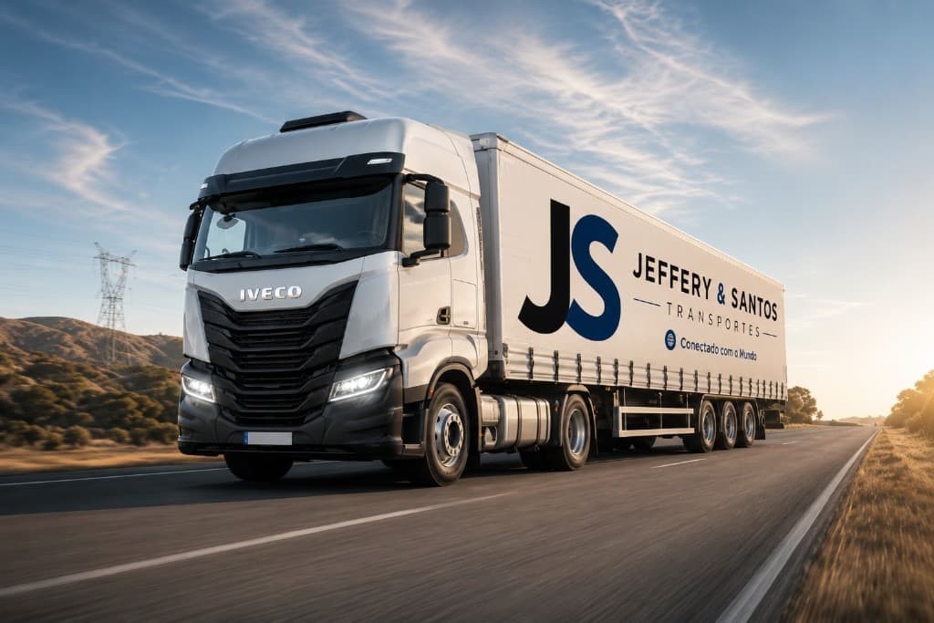 Carreta em rodovia com a marca Jeffery & Santos Transportes